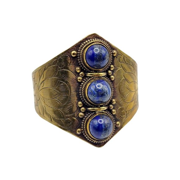 Vintage Decorative Wide Brass & Lapis Cuff Bracelet (A417) - Picture 1 of 4